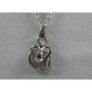 Silver Tone Double Heart Pendant on 19 inch Chain w/Clear Crystal Valentine Day